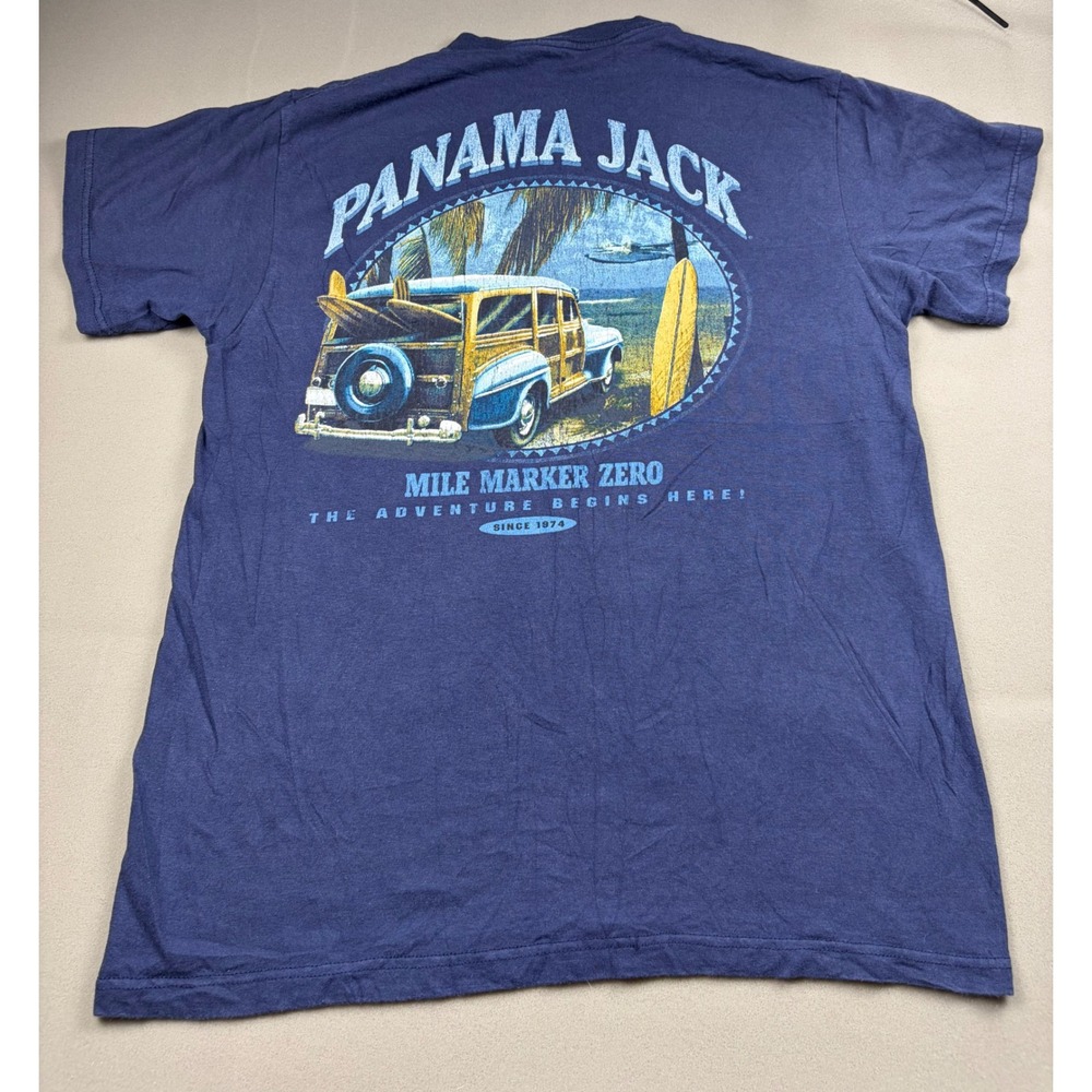 Panama Jack Mile Marker Zero Graphic T-Shirt Navy Blue Woody Wagon Mens Large